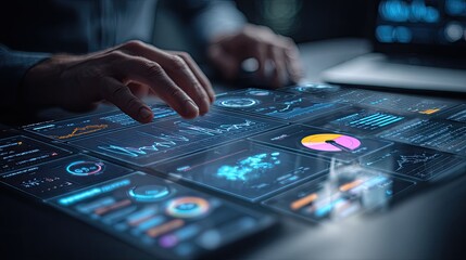 Person Interacting with Futuristic Holographic Data Interface