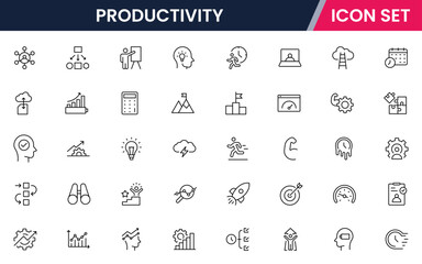 Productivity vector web line icon collection, sleek illustrations of tasks, clocks, calendars, efficiency tools for streamlined, effective designs.