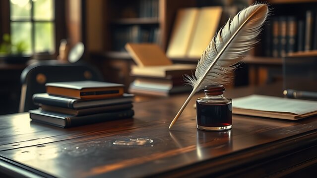 A vintage wooden desk featuring a feather quill and ink bottle in warm light.