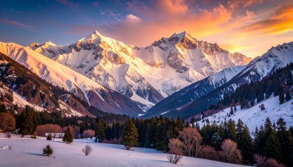 Fototapeta premium Golden hour paints snowy mountains pink