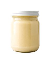 Homemade mayonnaise in a glass jar with a white lid, creamy and delicious condiment ready to serve