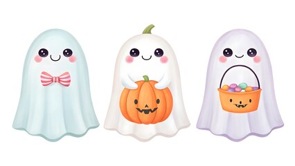 Obraz premium Three cute watercolor ghosts with halloween treats and pumpkin