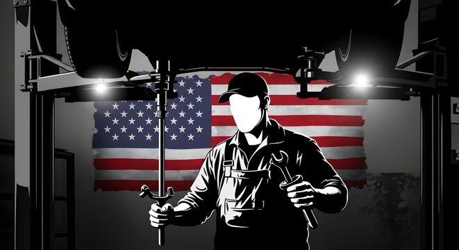 American Mechanic in an Auto Repair Shop with USA Flag
