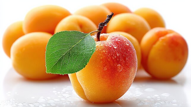 Close-up of fresh ripe peaches with water droplets and a prominent ripe peach with leaf in the foreground on a white background