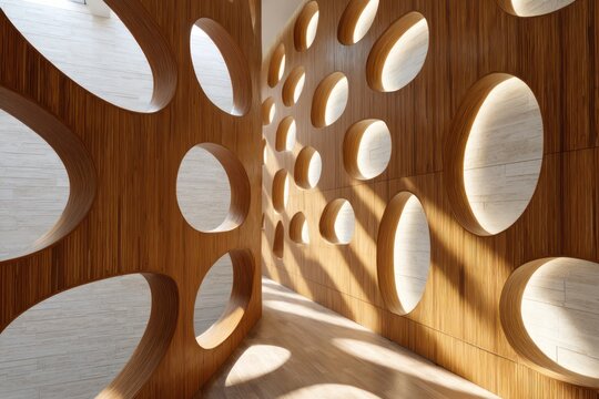 Perforated wooden panel wall with irregular oval cutouts backlit with cinematic light beams and ambient occlusion shadows