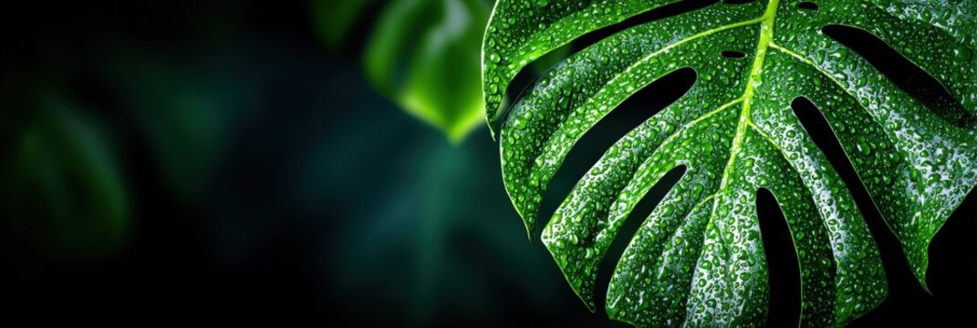 Fototapeta Lush green Monstera leaves with water droplets in natural lighting, tropical jungle foliage, and vibrant plant texture for nature themes