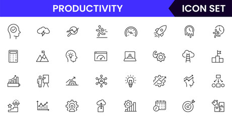 Productivity vector web line icon collection, sleek illustrations of tasks, clocks, calendars, efficiency tools for streamlined, effective designs.
