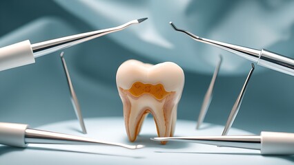 Dental tools in protective circle around aging tooth under clinical light