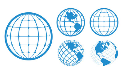 Set of blue globe icons in wireframe style representing global network and worldwide connection

