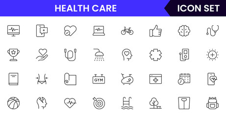 Health and Fitness vector web line icon collection, sleek illustrations of weights, heart monitors, yoga, wellness for active designs. 