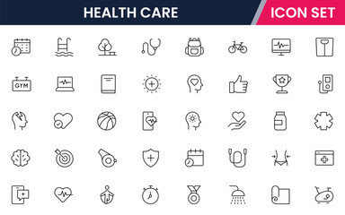 Health and Fitness vector web line icon collection, sleek illustrations of weights, heart monitors, yoga, wellness for active designs. 