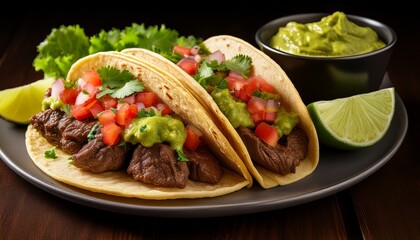 delicious beef tacos served with fresh salsa guacamole and crisp lettuce