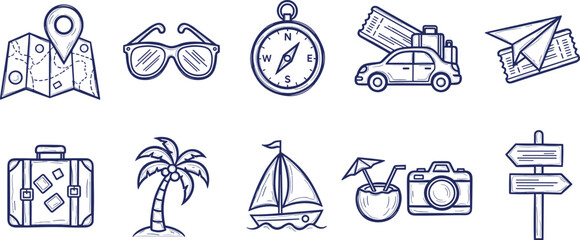 Summer travel vacation drawn icon set. Hand drawn sketch doodle style summer trip, vacation icon.