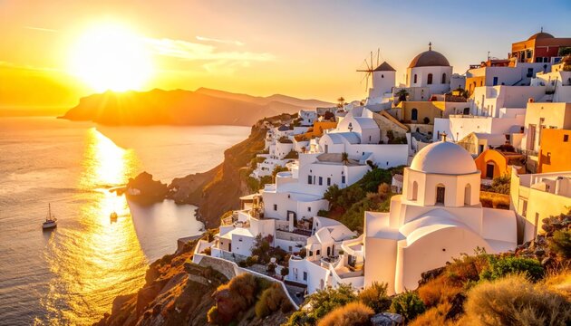 Santorini bathed in golden hour sunlight