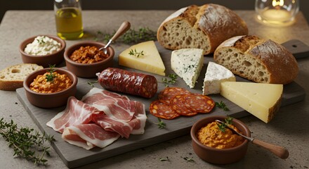 Gourmet Charcuterie Board: Cheeses, Meats, Bread, and Appetizers.