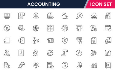 Vector line icon collection highlighting accounting elements such as calculators, charts, invoices, money, and reports ideal for finance, bookkeeping, and business platforms.