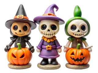 Three Halloween Skeleton Figures with Pumpkins on Transparent Background
