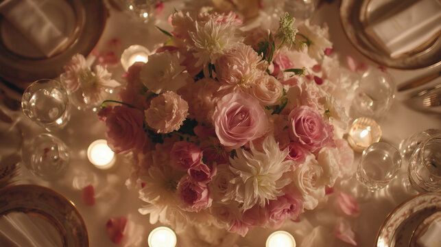 Elegant wedding table with floral centerpiece and fine china, radiating timeless romance and sophistication