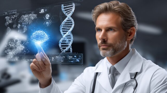 Expert scientist in laboratory analyzing futuristic DNA technology with holographic genetic structures and scientific interface