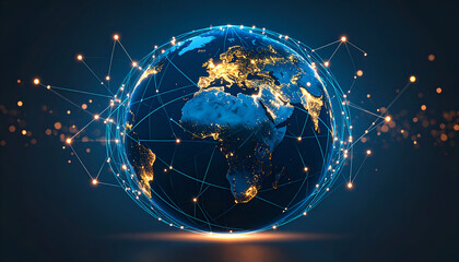 A digital globe connected by networks, symbolizing global connectivity and technology.