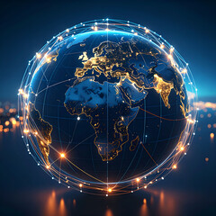 A digital globe illuminated by connections, representing global networking and technology.