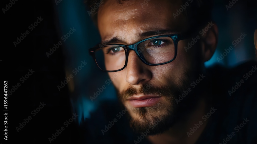 Aufkleber a person in glasses working intently on a computer in low lighting
