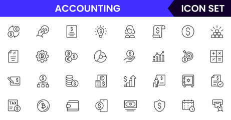 Vector line icon collection highlighting accounting elements such as calculators, charts, invoices, money, and reports ideal for finance, bookkeeping, and business platforms.