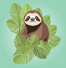 Obraz premium Smiling sloth relaxing in lush tropical foliage