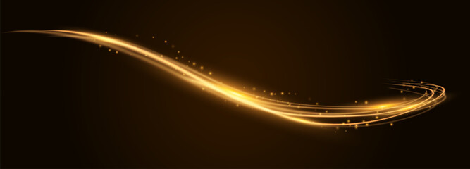 Glowing shiny lines effect. Vector gold color lines of speed. Light trail wave