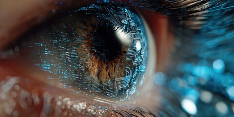 Close-up of a human eye with detailed digital circuit overlay displaying technology integration and futuristic innovation concept