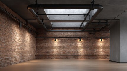 Red oxide brick loft with matte black piping and crossbeam lighting, low ambient light with volumetric smoke detail and