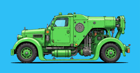 Naklejka premium Steampunk Green Truck on Blue Sky