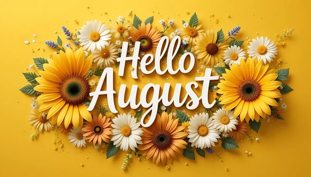 Bright floral design with "Hello August" greeting text