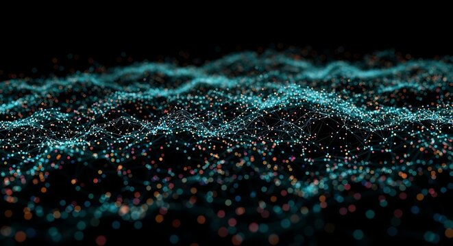 A glowing abstract network of interconnected blue and orange particles forms a complex digital landscape against a dark background, representing data flow and technological connections