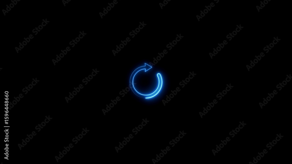 Poster glowing blue neon circular arrow icon represents reloading or refreshing action on black