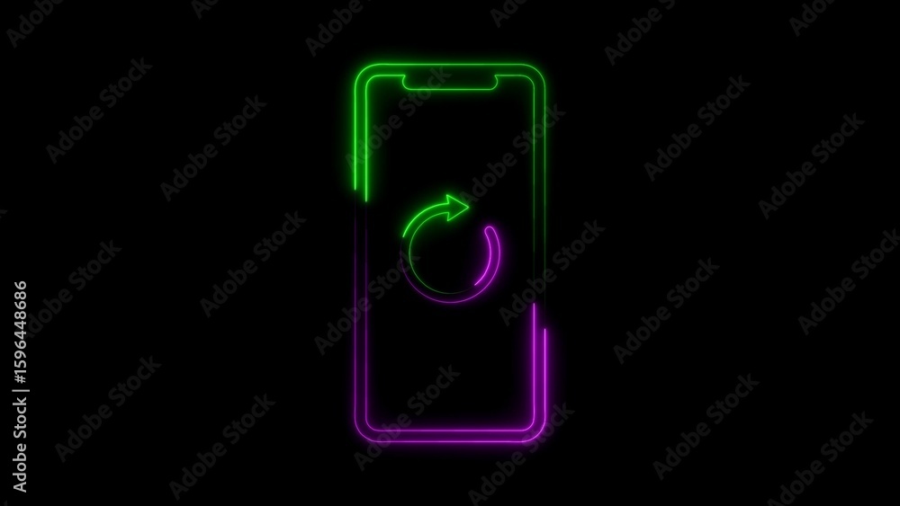 Poster neon smartphone screen with refresh symbol illuminated on a black backdrop for technology concept
