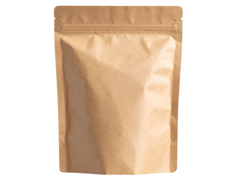 Blank kraft paper pouch with zip lock for food packaging, isolated on a transparent background