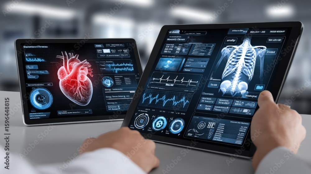 Aufkleber advanced medical technology devices showing realistic heart and lung 3d models with data and vital s