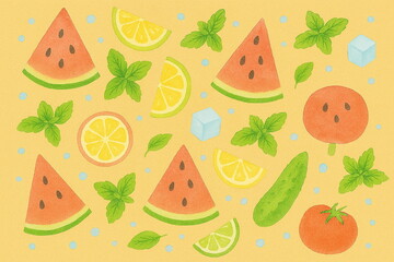 夏の爽やかフルーツ柄、スイカとシトラスのパターン ー 黄色地にスイカ、レモン、ミント、氷、水玉、きゅうりやトマトを散りばめた、夏の清涼感あふれる背景。WebバナーやSNS、ポスター、包装紙、壁紙に。