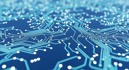 A closeup view of a blue circuit board with glowing white nodes and intricate pathways, showcasing advanced electronic technology and data flow