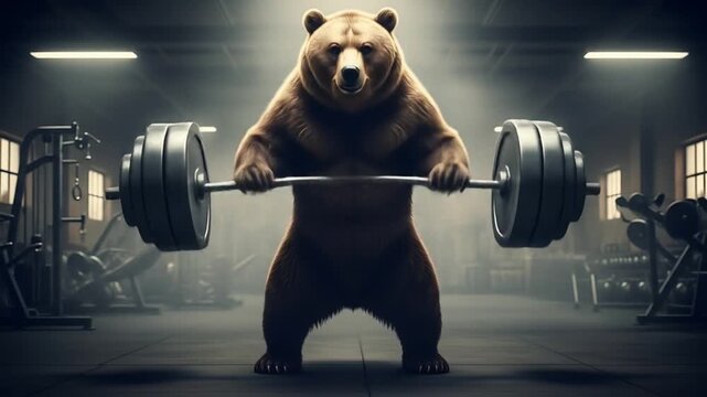An extremely muscular and ripped bear bodybuilder flexing its powerful physique in a gym. The ultimate symbol of strength and beastly power