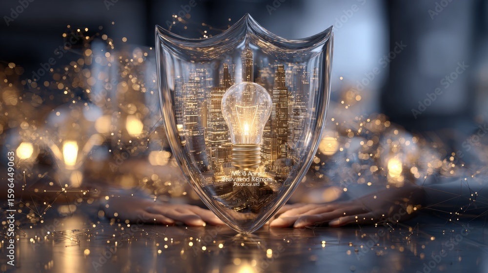 Poster illuminated light bulb inside a transparent shield with gold glitter sparks and bokeh background cre