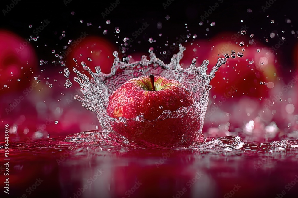 Poster fresh red splashing into water with ripples and droplets in a dark background high detail and vibran