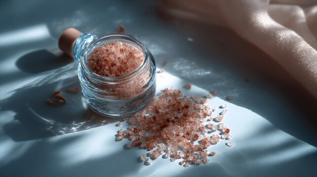 Close-up of a glass jar spilling pink Himalayan salt onto a smooth surface with a hand nearby, creating a textured salt spill and shadows