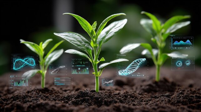 Close-up of young green plant seedlings growing in dark soil with futuristic digital hologram overlays representing growth progress and data analysis