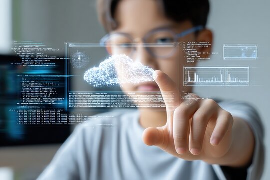 Young boy using futuristic virtual interface with digital cloud data hologram and data charts for technology innovation and data analysis