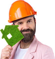 Portrait of young construction engineer wear orange hard hat, in a pink jacket standing on red...