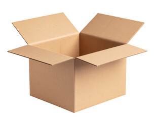 Square cardboard box with open flaps, isolated on a transparent background