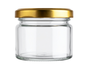 Round glass jar with golden lid for cosmetic packaging, isolated on a transparent background