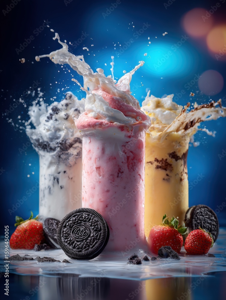 Poster dynamic splash of three colorful milkshakes with strawberries and cookies in motion with vibrant lig